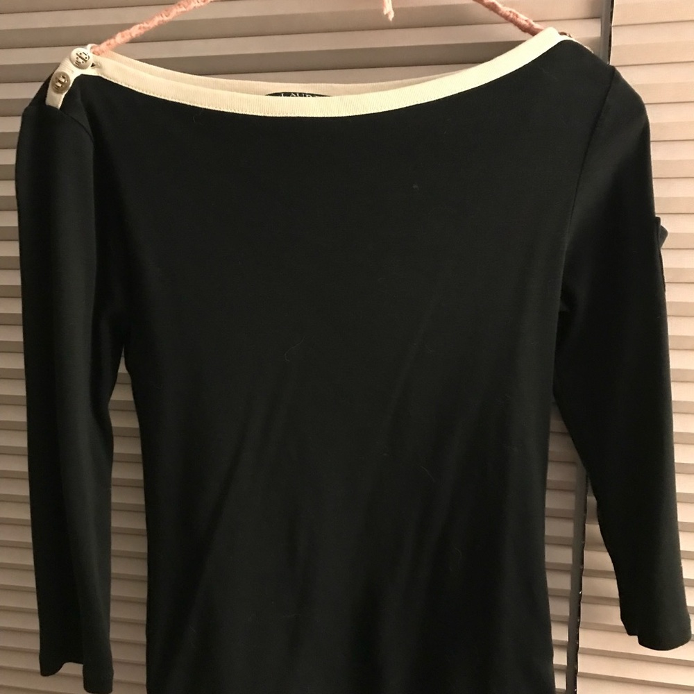 Ralph Lauren Black and White Boat Neck Top with Button Detail